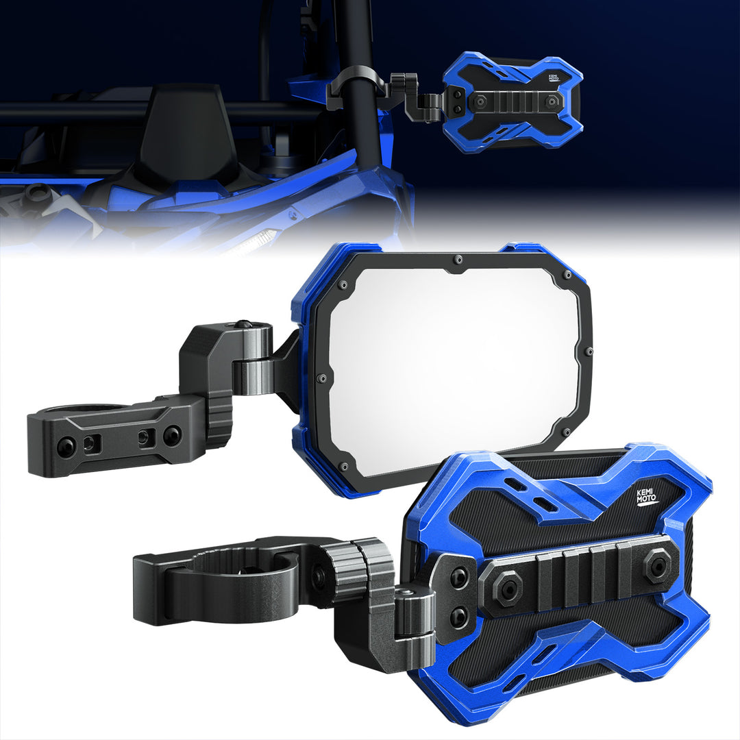 CNC UTV Mirror X w/Integrated light mount for 1.65-2 Inch Roll Bar (1 Pair) - Kemimoto