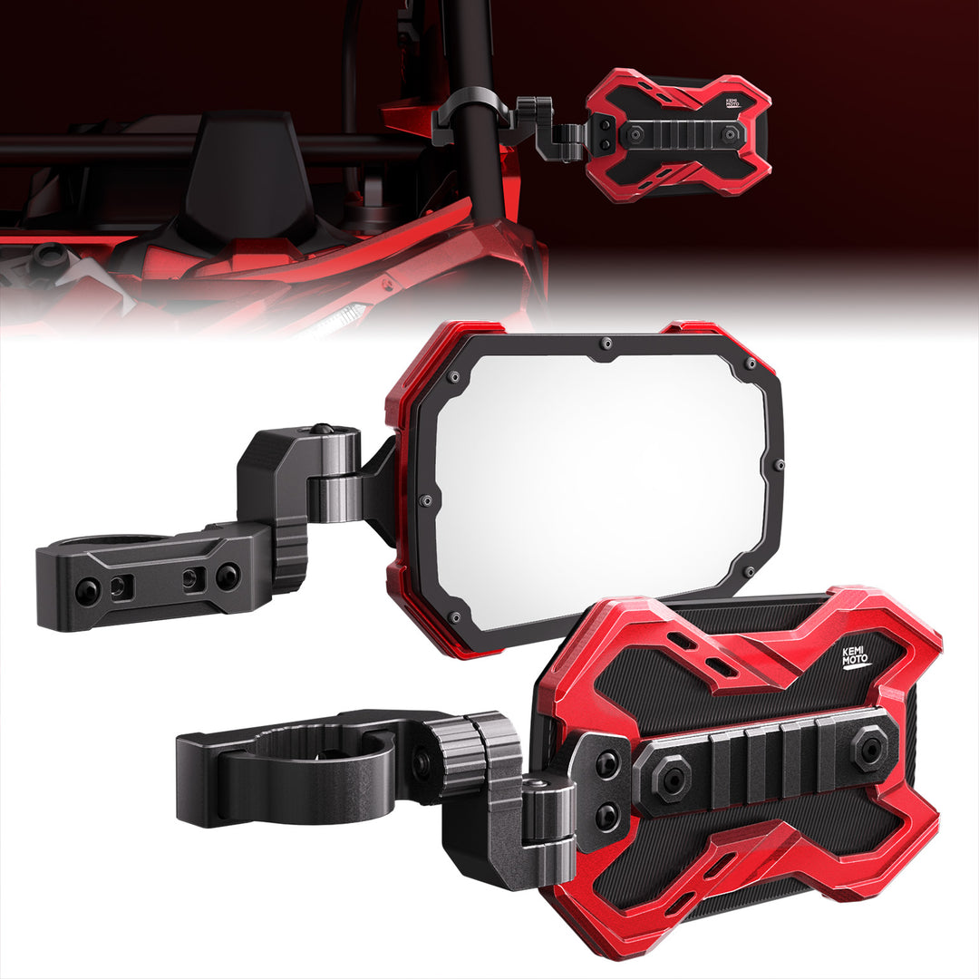 CNC UTV Mirror X w/Integrated light mount for 1.65-2 Inch Roll Bar (1 Pair) - Kemimoto