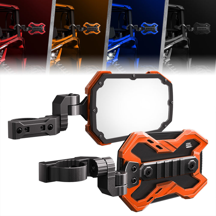 CNC UTV Mirror X w/Integrated light mount for 1.65-2 Inch Roll Bar (1 Pair) - Kemimoto