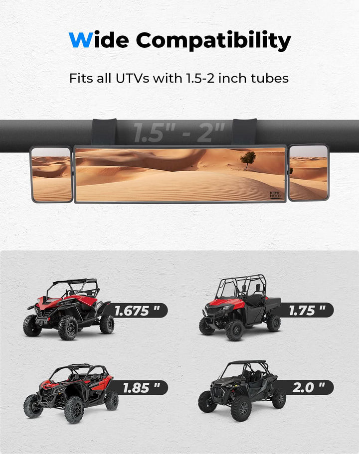 UTV Rear View Mirror 2 Convex Mirror with 1.5"-2" Sturdy Clamp - Kemimoto