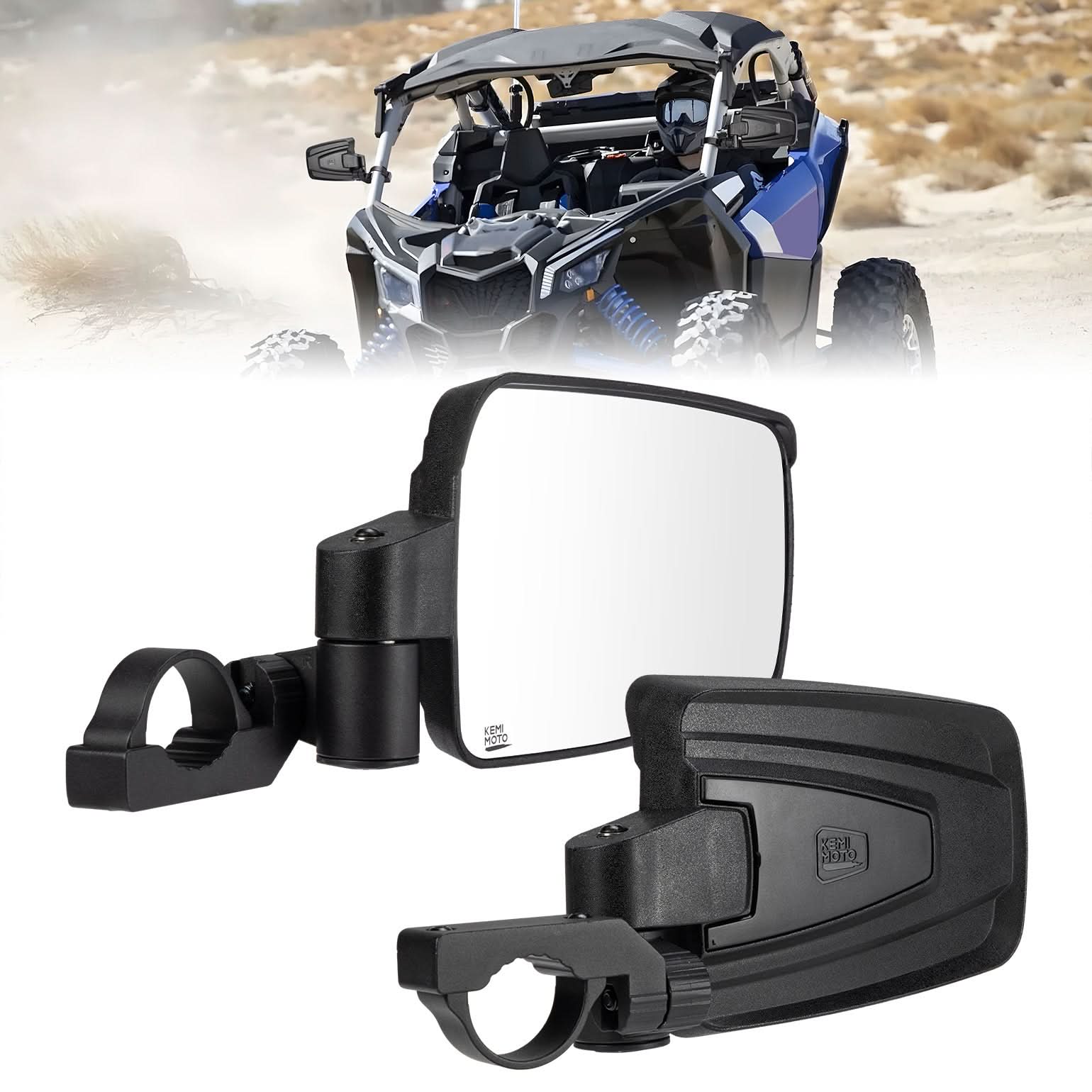 UTV Side Mirrors with Spring Back Feature for 1.65-2 Inch Roll Bars - Kemimoto