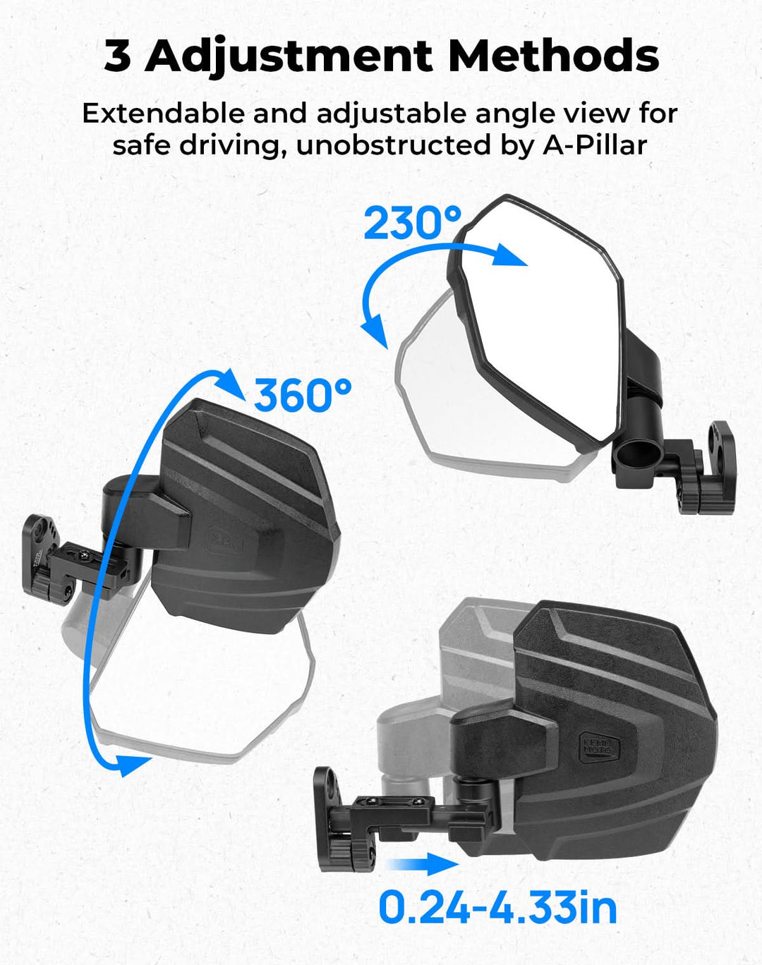 UTV Large Side Mirrors For Polaris Ranger|Crew XP 1000 2018-2025 - Kemimoto