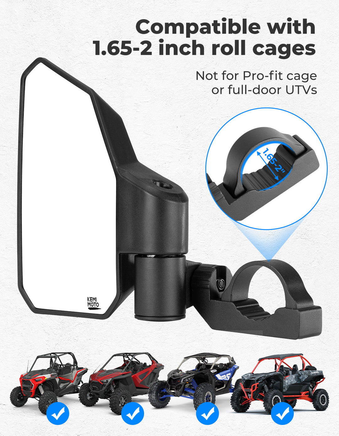 UTV Side Mirrors w/ 1.65"-2.0" Roll Cage for Polaris RZR/Can Am X3/Pioneer/Talon/Mule/CFMOTO