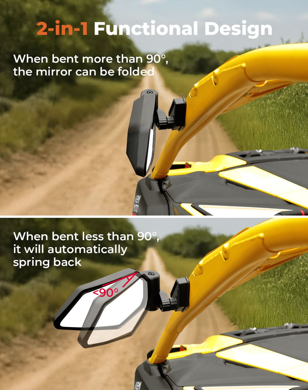 UTV Side Mirrors Automatic Folding and Resetting in The Event of Collision Compatible with Can Am Maverick R and R Max X/X RS/X RS with Smart-Shox 2024 2025, Shatterproof Glass - Kemimoto