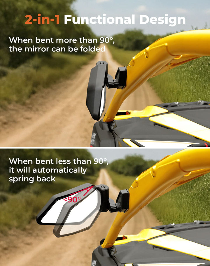 UTV Side Mirrors Automatic Folding and Resetting in The Event of Collision Compatible with Can Am Maverick R and R Max X/X RS/X RS with Smart-Shox 2024 2025, Shatterproof Glass - Kemimoto