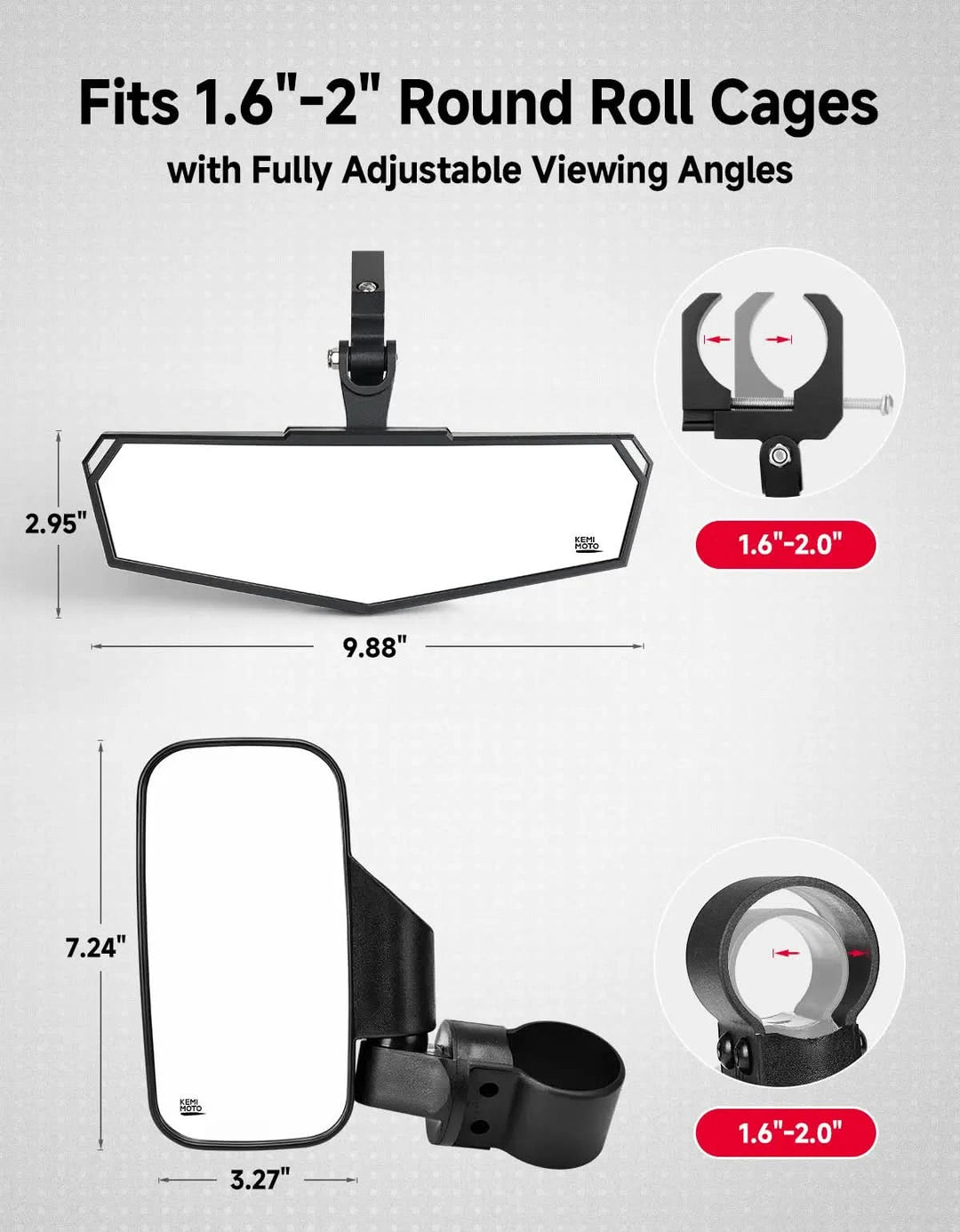 UTV Side Mirrors & Rear View Mirror Fits 1.6-2 inch Roll Cage For RZR /Maverick/Teryx/Mule/ Zforce /Pioneer