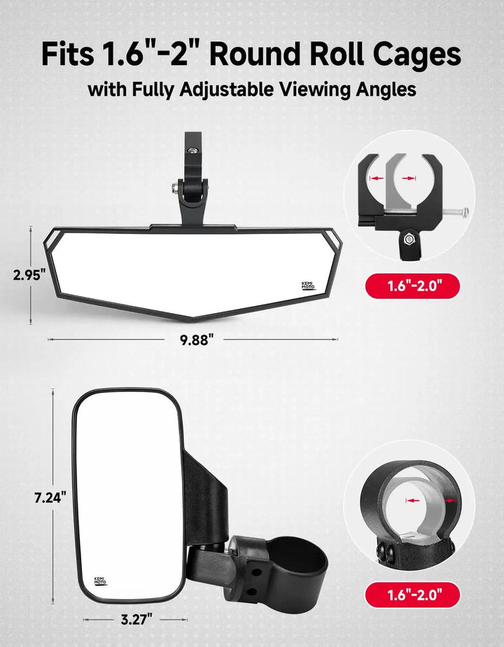 UTV Side Mirrors & Rear View Mirror Fits 1.6-2 inch Roll Cage For RZR /Maverick/Teryx/Mule/ Zforce /Pioneer