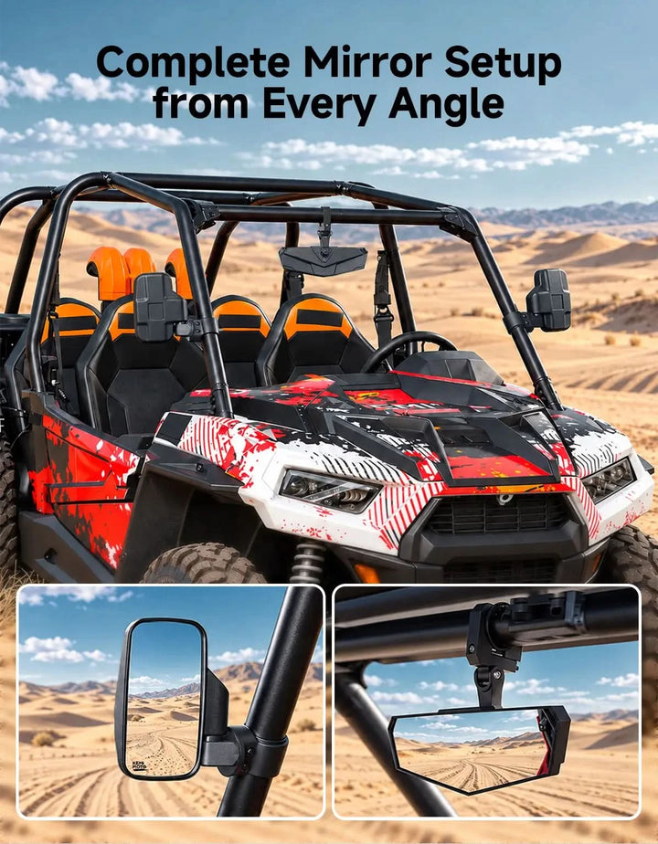UTV Side Mirrors & Rear View Mirror Fits 1.6-2 inch Roll Cage For RZR /Maverick/Teryx/Mule/ Zforce /Pioneer