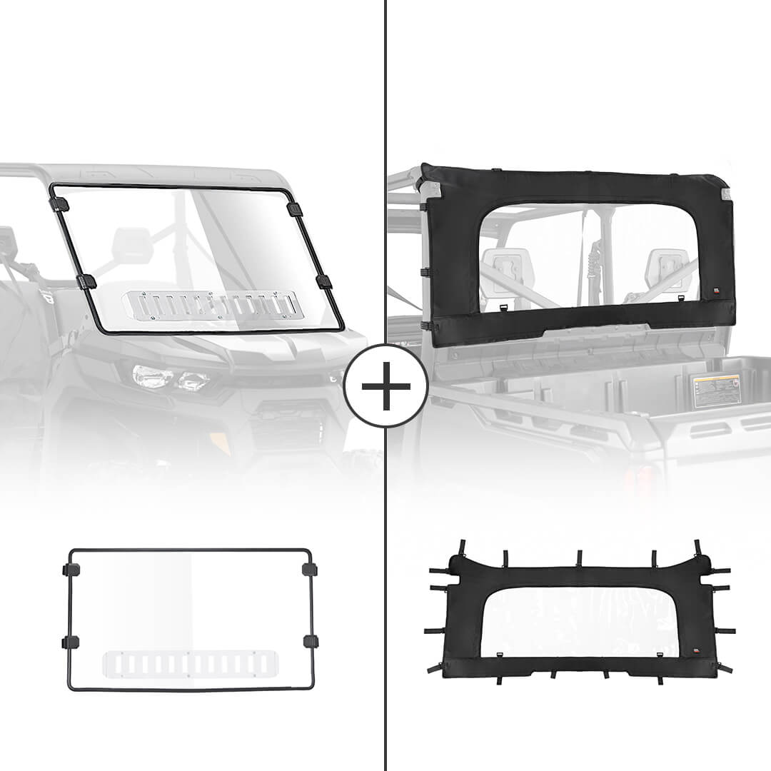 Front Vented Full Windshield & Soft Rear Windshield for Can Am Defender - Kemimoto
