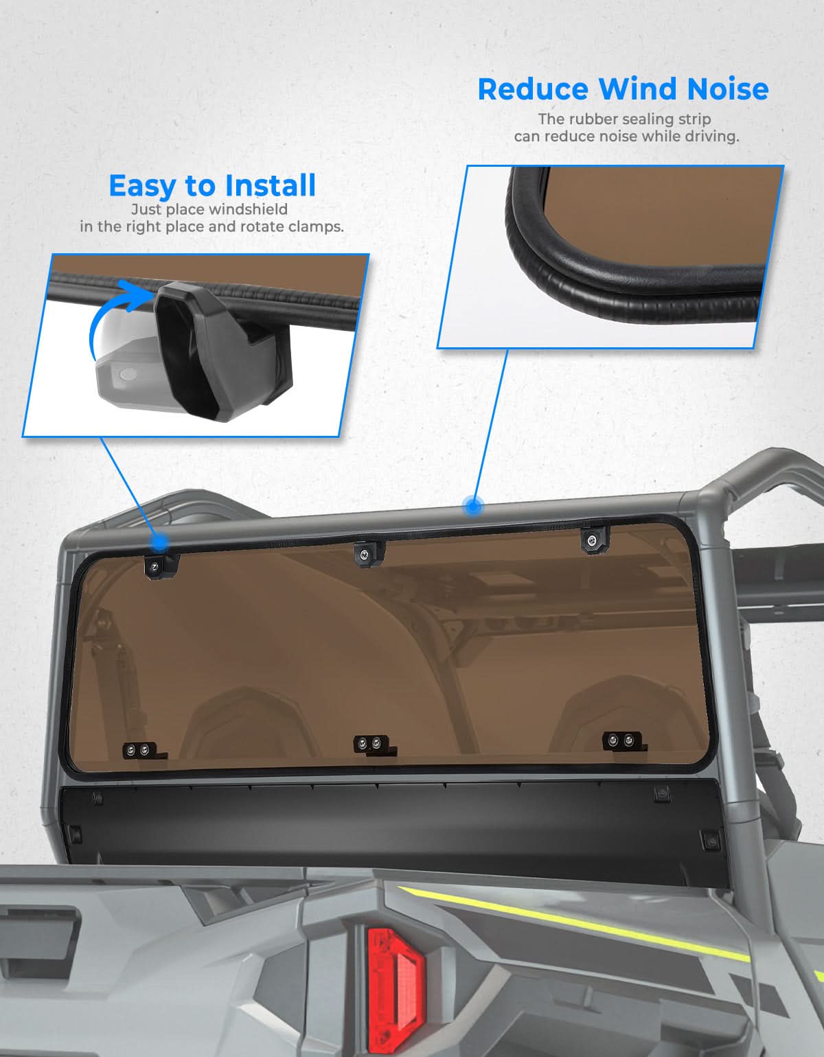 Tinted Rear Hard Windshield for Polaris General 1000/4/XP 1000/4 2016-2025 - Kemimoto