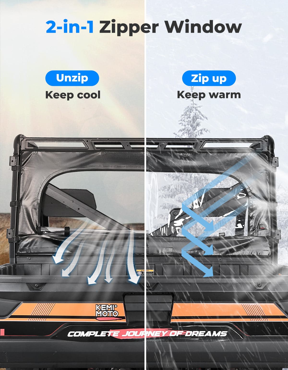 UTV Zippered Soft Rear Window for Polaris Ranger XP 1000 / Crew - Kemimoto