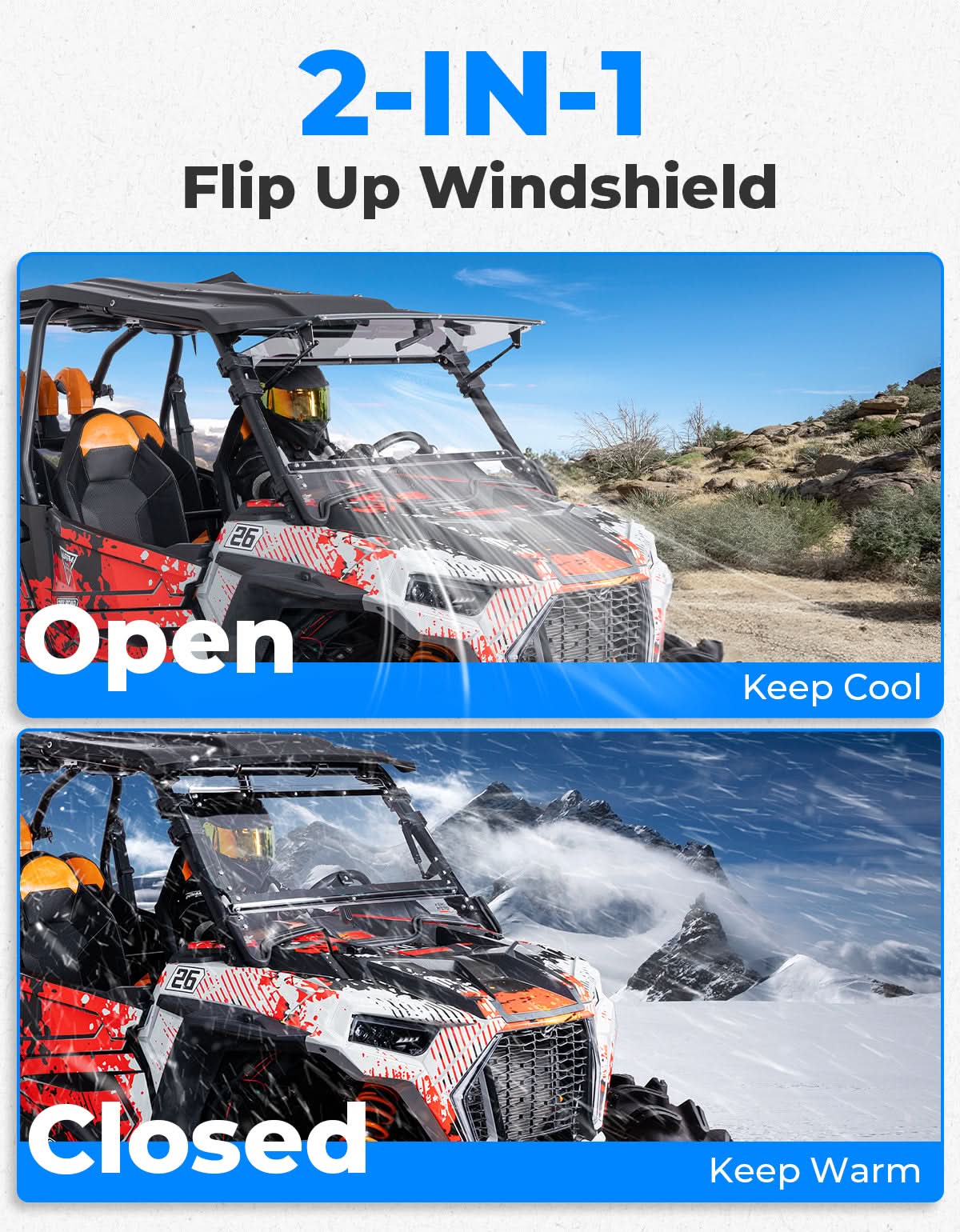 2-IN-1 Flip Up Windshield for 2019-2023 Polaris RZR XP 1000 /RZR XP Turbo 2 and 4 Seater - Kemimoto