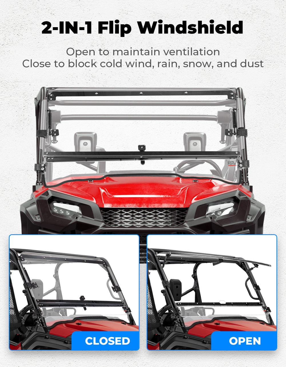 UTV2-IN-1 Flip Windshield for Pioneer 1000 /1000-5 /1000-6 - Kemimoto