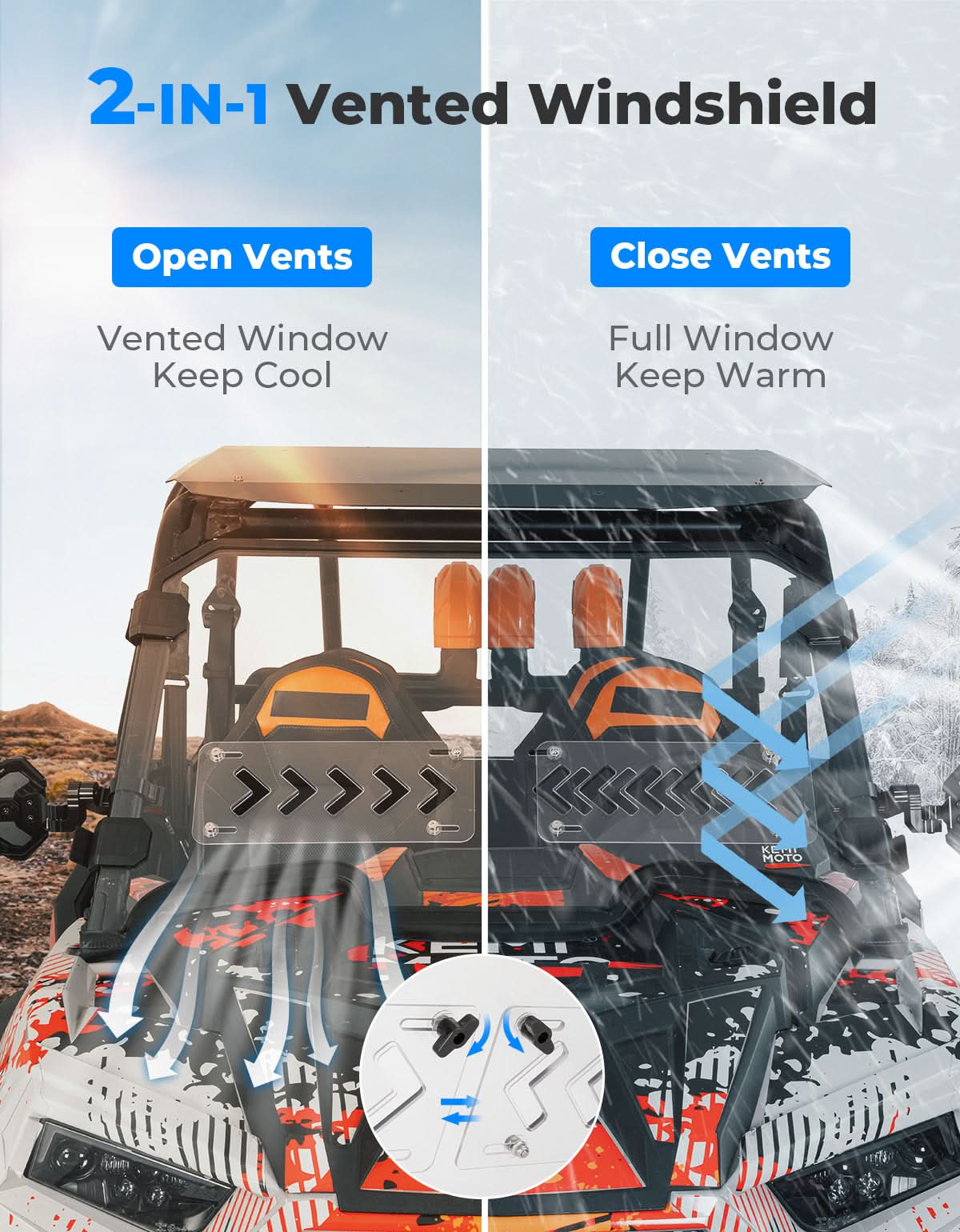 Front Windshield 2-IN-1 Vented for Polaris RZR XP 1000 / RZR XP Turbo 2019-2023 - Kemimoto