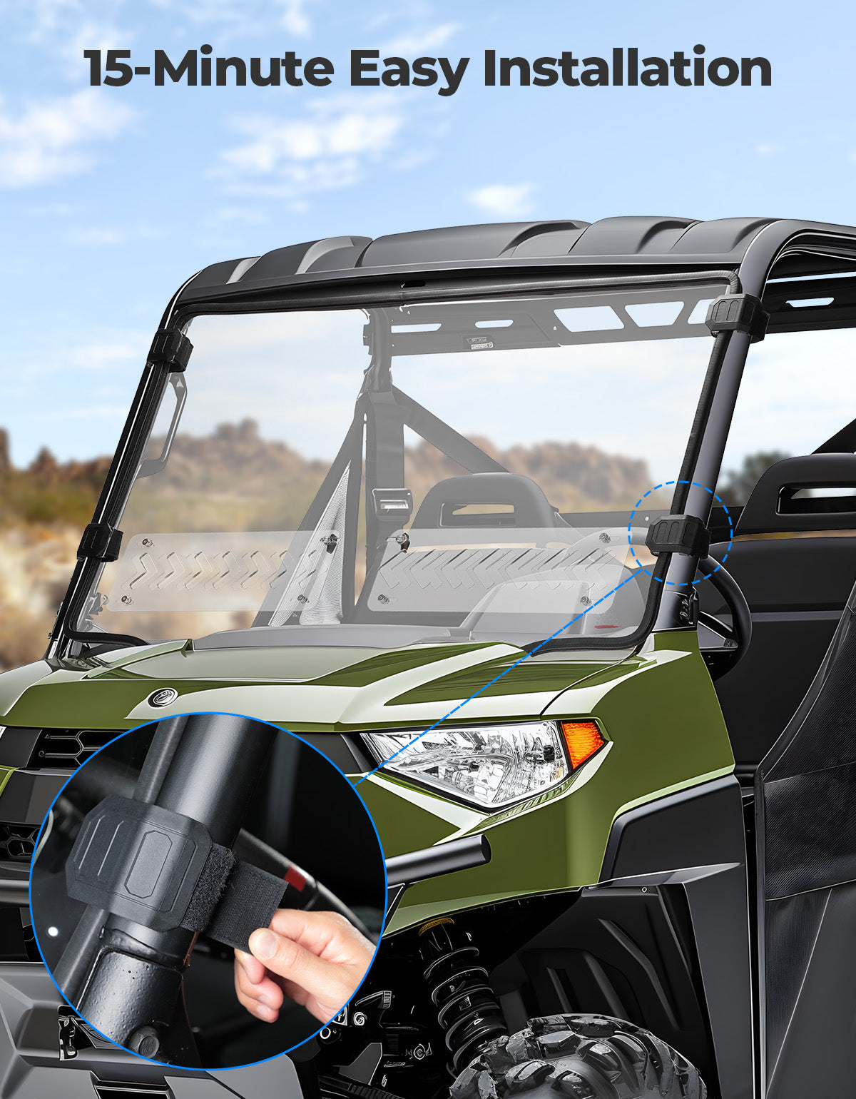 2-in-1 Vented Front Windshield for Polaris Ranger Midsize 570 500 2015-2022 - Kemimoto