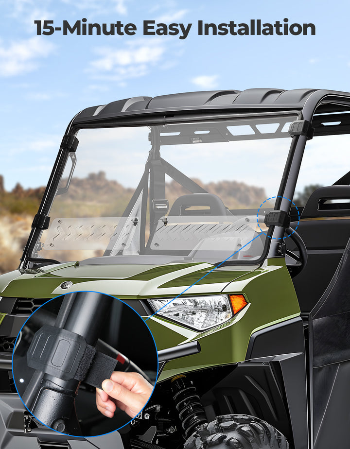 2-in-1 Vented Front Windshield for Polaris Ranger Midsize 570 500 2015-2022 - Kemimoto