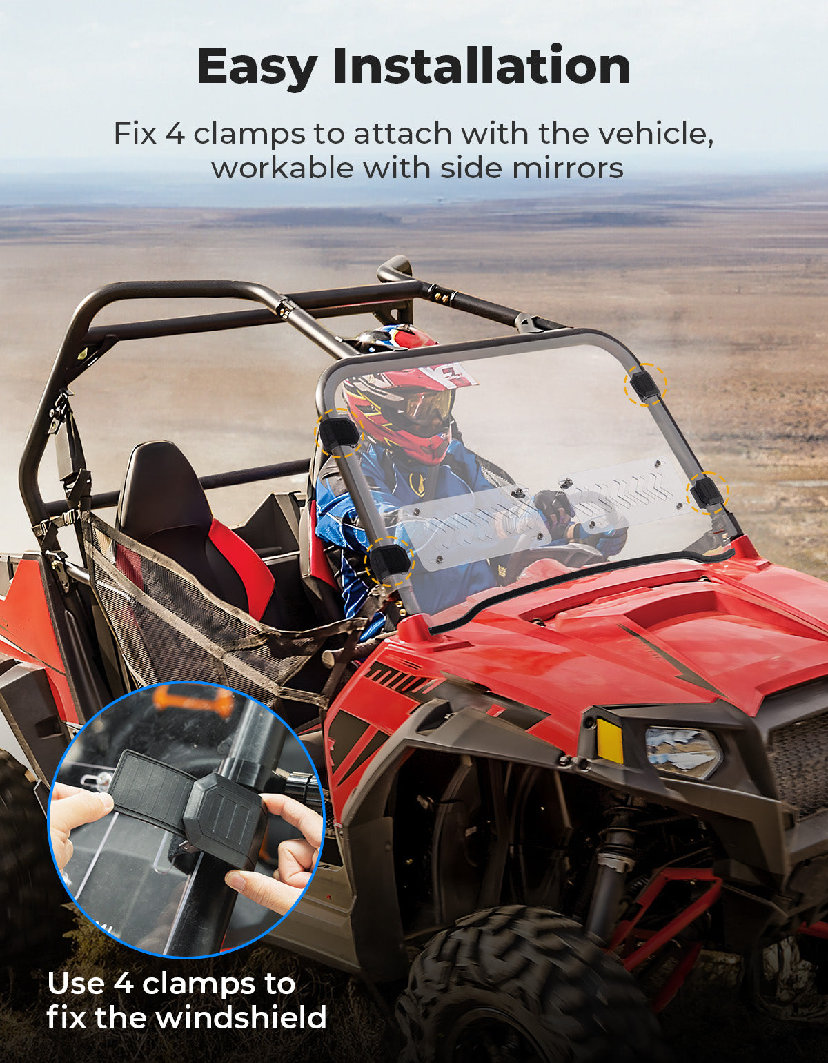 Front 2-IN-1 Vented Windshield for Polaris RZR 800/S800/4 800/XP 900/RZR 570 - Kemimoto