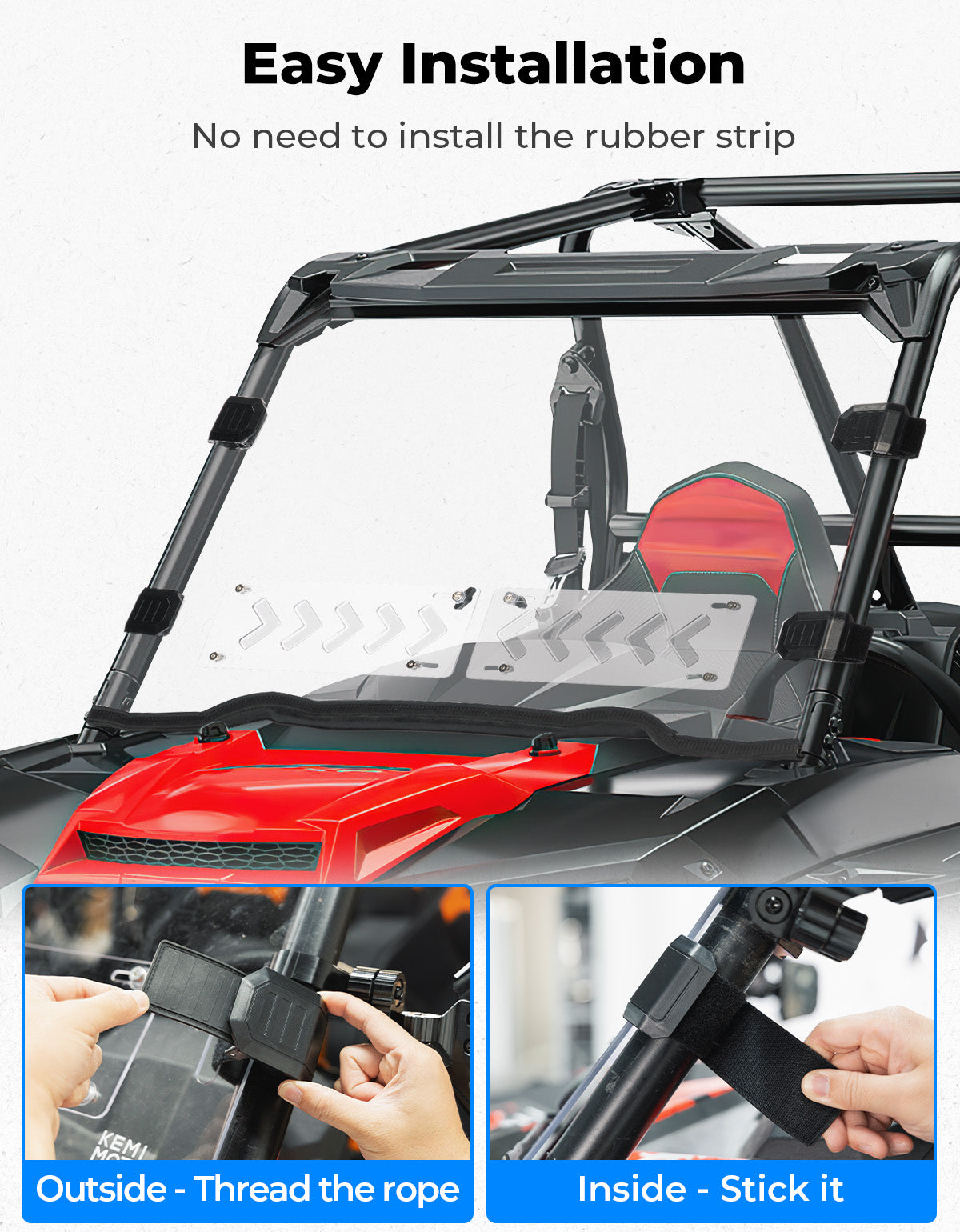 Front Windshield Vented Pre-Installed Rubber Strip for Polaris RZR XP 1000 / RZR 900 - Kemimoto