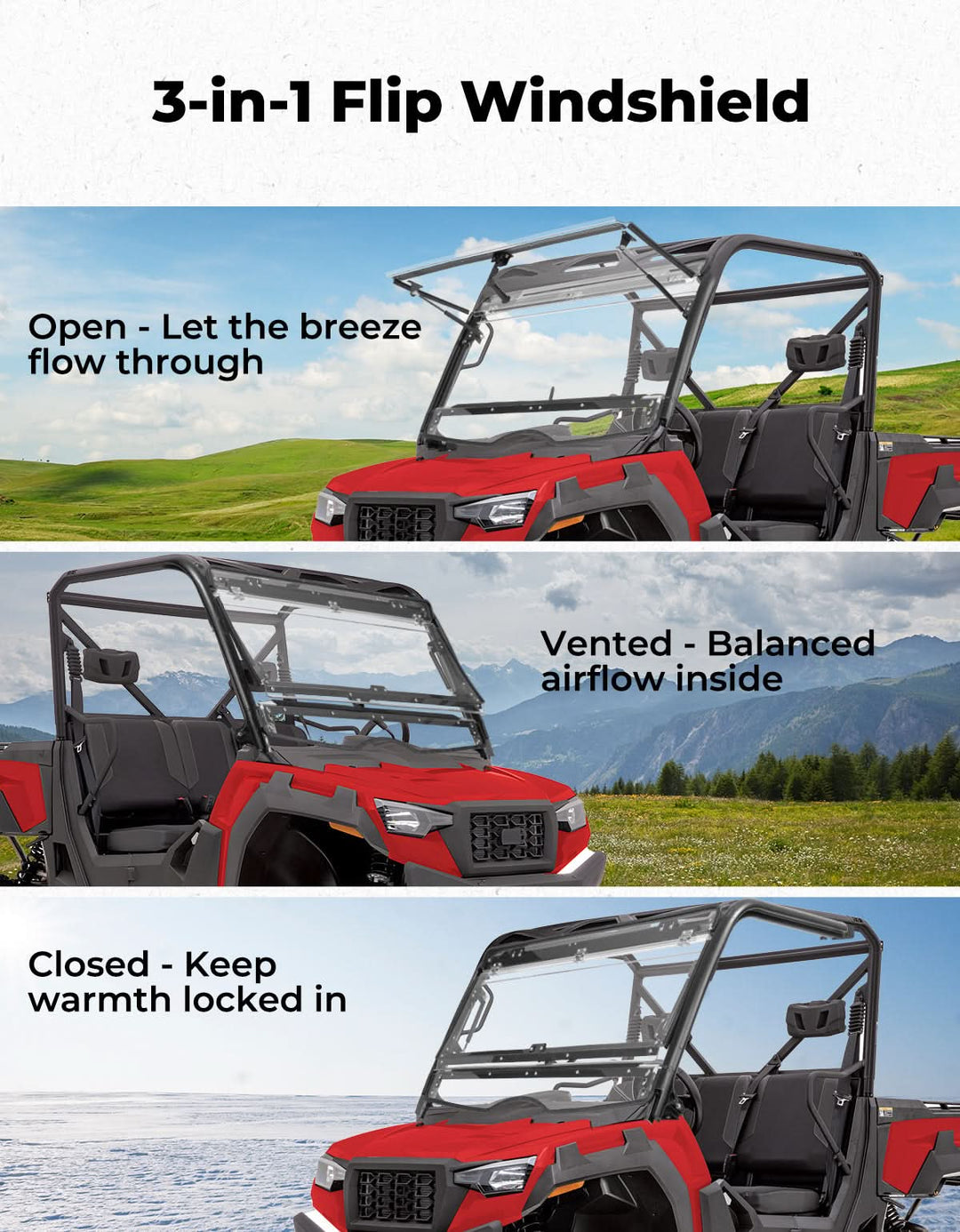 3-in-1 Flip Front Windshield for 2020+ Tracker 800SX - Kemimoto