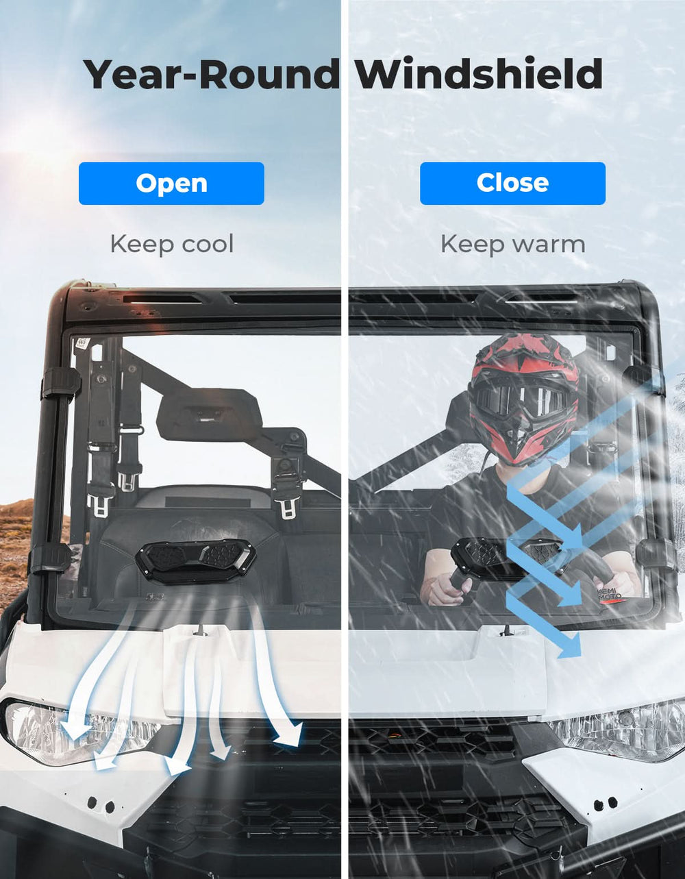 3-in-1 Vented Windshield for Polaris Ranger 1000 & XP 900/1000 (2014-2026) - Kemimoto