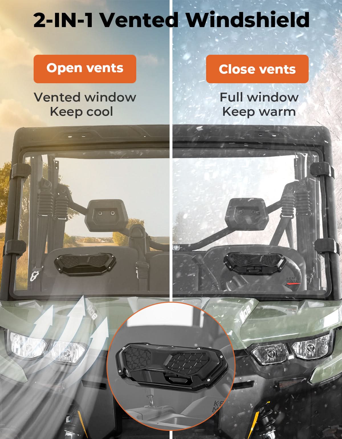 Vented Front Windshield for Can-Am Defender HD5/HD8/HD10/MAX（2016-2025） - Kemimoto