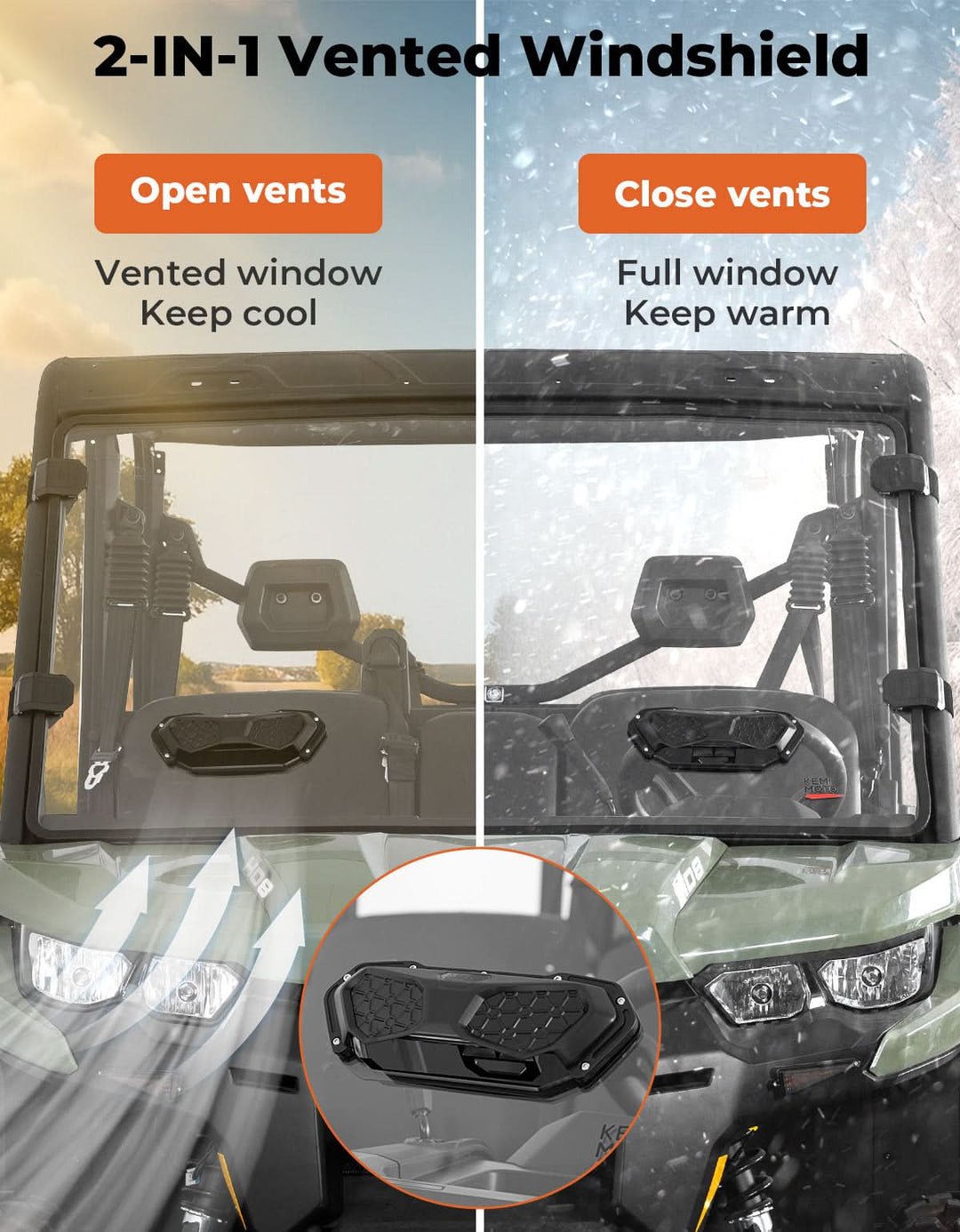 Vented Front Windshield for Can-Am Defender HD5/HD8/HD10/MAX（2016-2025） - Kemimoto