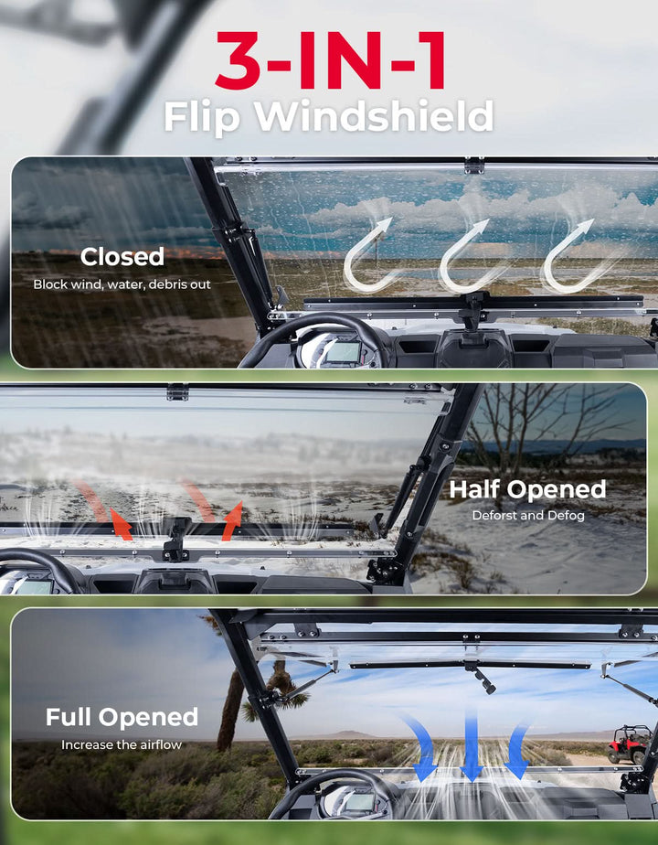 3-IN-1 Flip Windshield for Polaris Ranger XP 900/1000/ Crew XP 1000 2014-2025 - Kemimoto