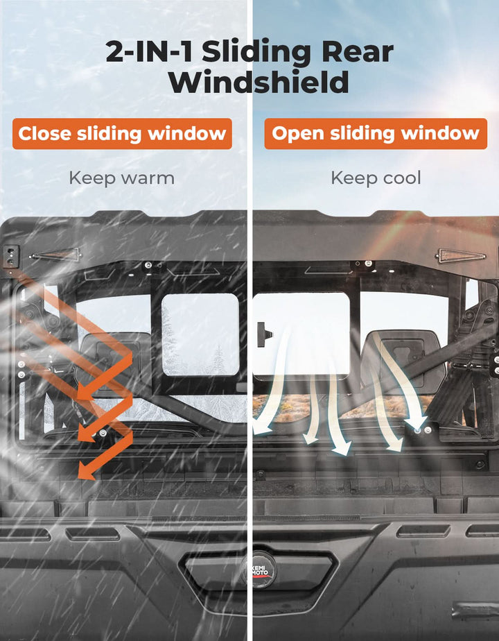 Glass Rear Windshield with Sliding Window for Can-Am Defender & Defender Max HD5/HD8/HD10 (2016–2025) – 5MM DOT Laminated Safety Glass, Scratch-Resistant - Kemimoto