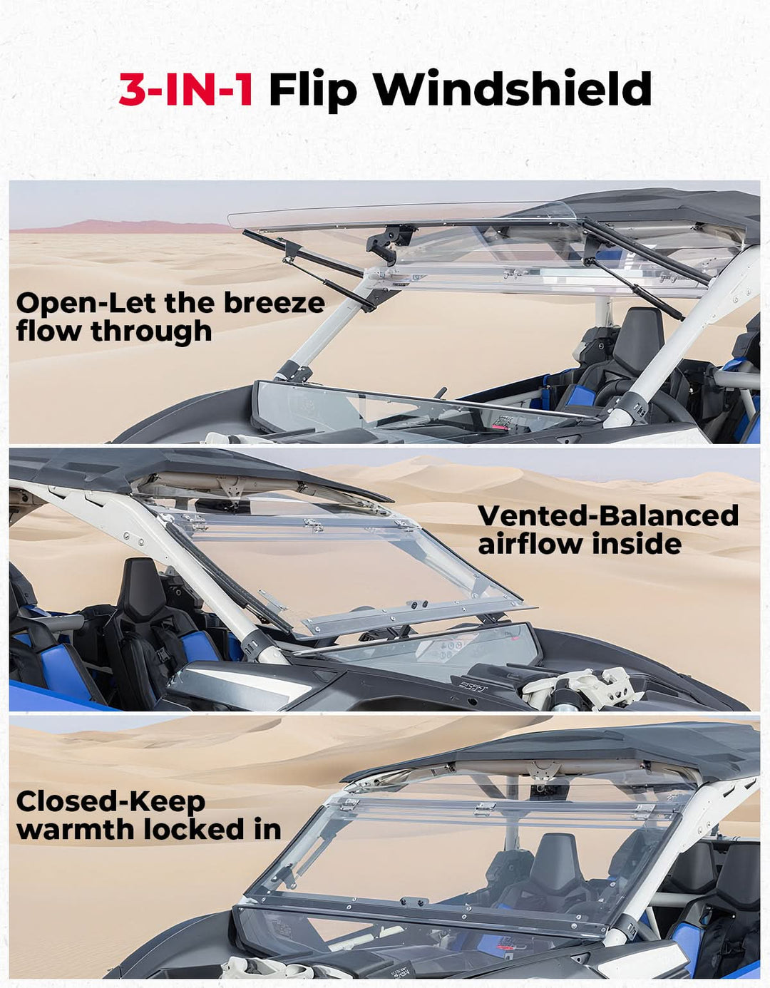 Clear 3-in-1 Front Flip Windshield for Can-Am X3 & X3 Max – Hard-Coated 1/4" Polycarbonate, Scratch Resistant - Kemimoto