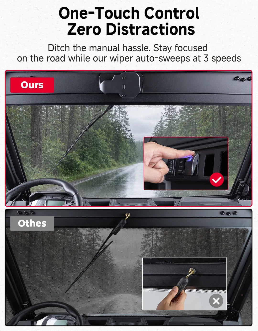 UTV 9/32" Glass Windshield with Trigger-Activated Electric Wiper for Polaris Ranger 1000 / XP 1000 / XP 900 & Crew 2013-2026