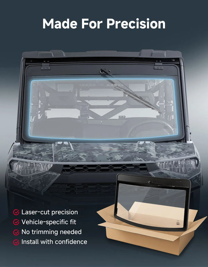 UTV 9/32" Glass Windshield with Trigger-Activated Electric Wiper for Polaris Ranger 1000 / XP 1000 / XP 900 & Crew 2013-2026