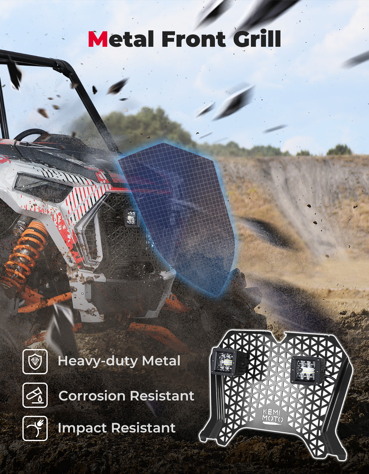 UTV Metal Front Grill Light for Polaris RZR XP 1000/Turbo - Kemimoto