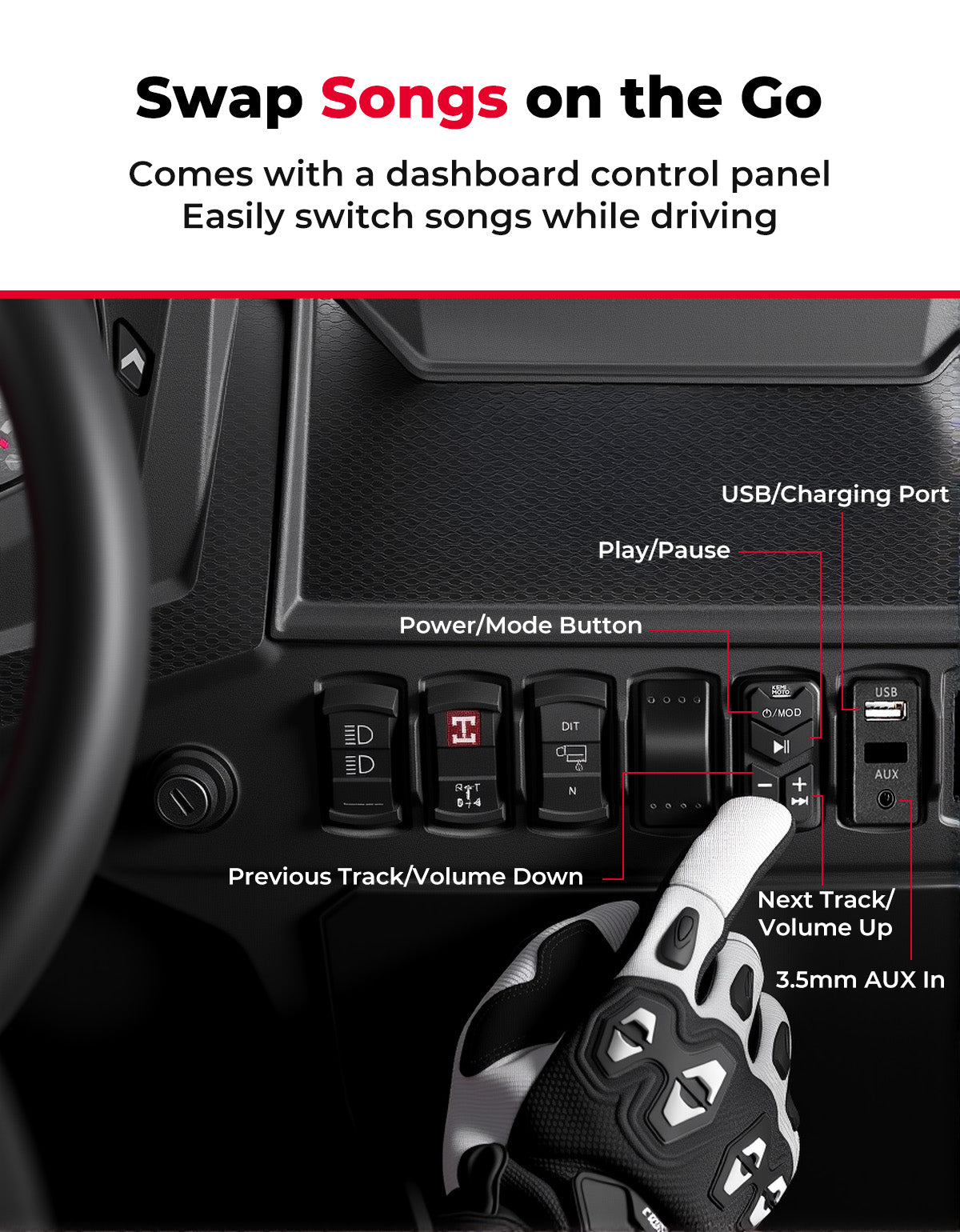 6.5'' UTV Bluetooth Sound System Speaker for Can Am Maverick X3/ RZR w/ 1.625''-1.9'' Roll Bar - Kemimoto