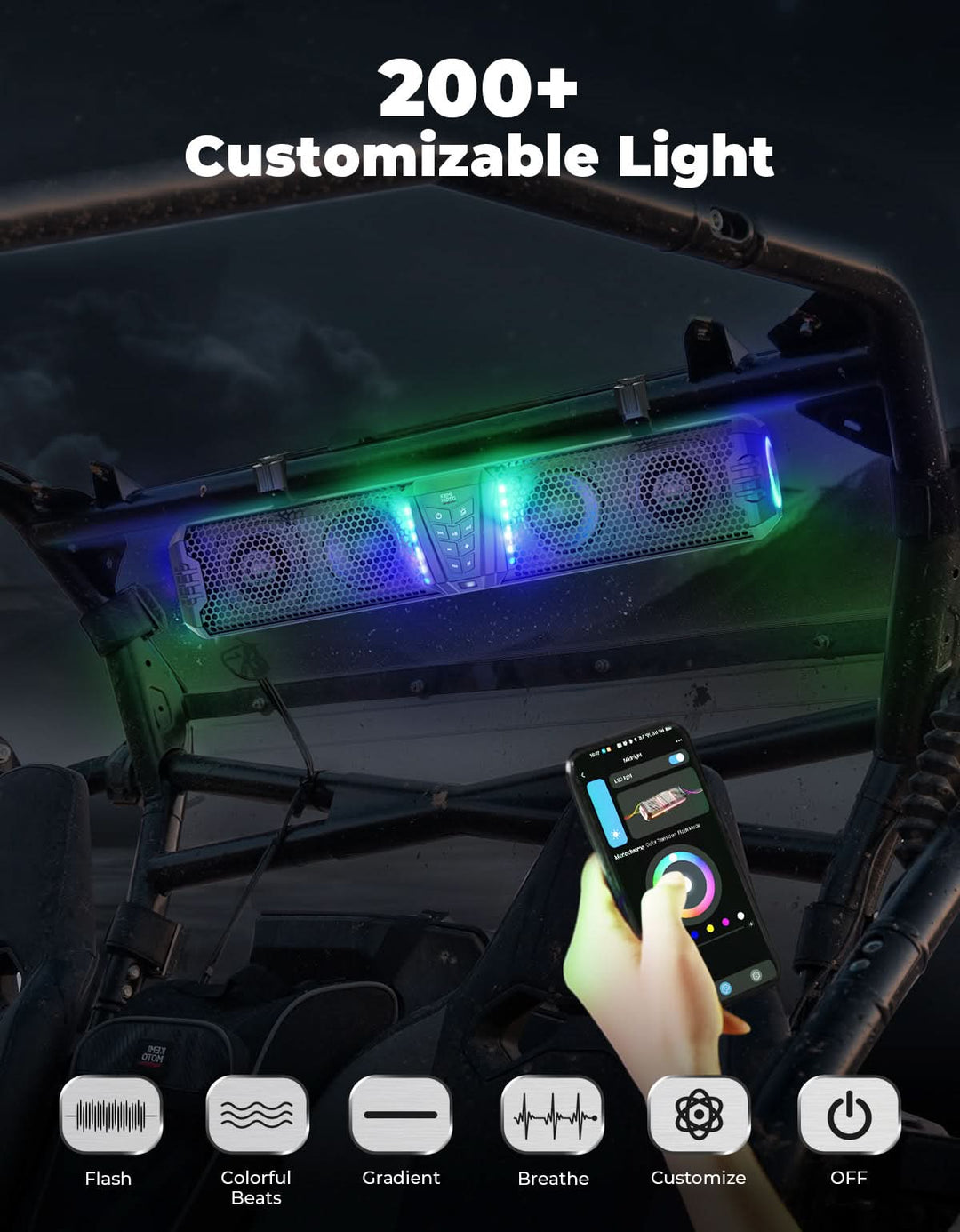 Midnight 60 UTV Soundbar 26" – Bluetooth & RGB Lights, Waterproof 2025 for Golf Cart/ATV/Polaris - Kemimoto