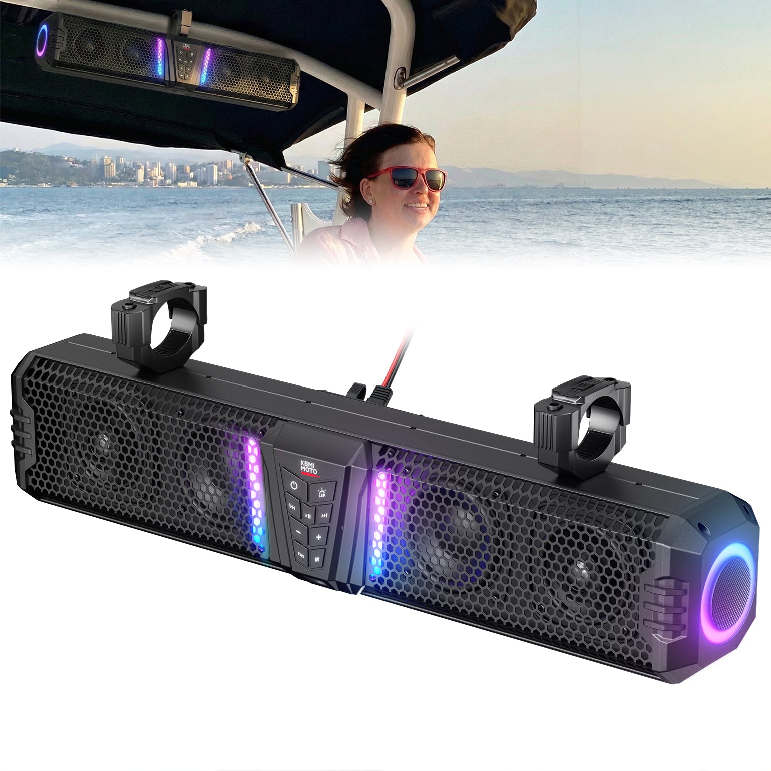 KEMIMOTO Midnight Sound Bar for Boats with 1”-2” Roll Bar - Kemimoto