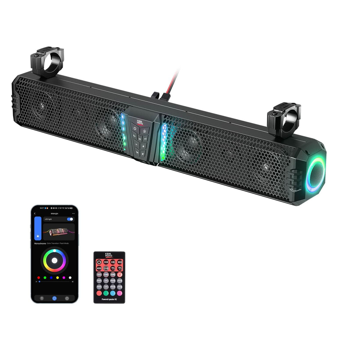 UTV Bluetooth Sound Bar – 32" RGB Speaker, IP66 Waterproof 2025 | Fits 1"-2" Roll Bars on Polaris RZR, Can-Am, SxS, Golf Carts - Kemimoto