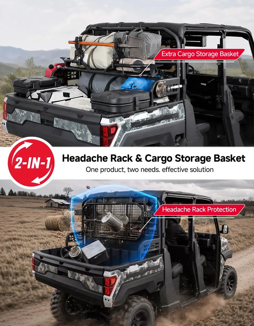 2-in-1 Folding UTV Rear Rack and Cargo Basket for Can-Am Defender, CFMOTO UFORCE and Polaris Ranger XP 1000