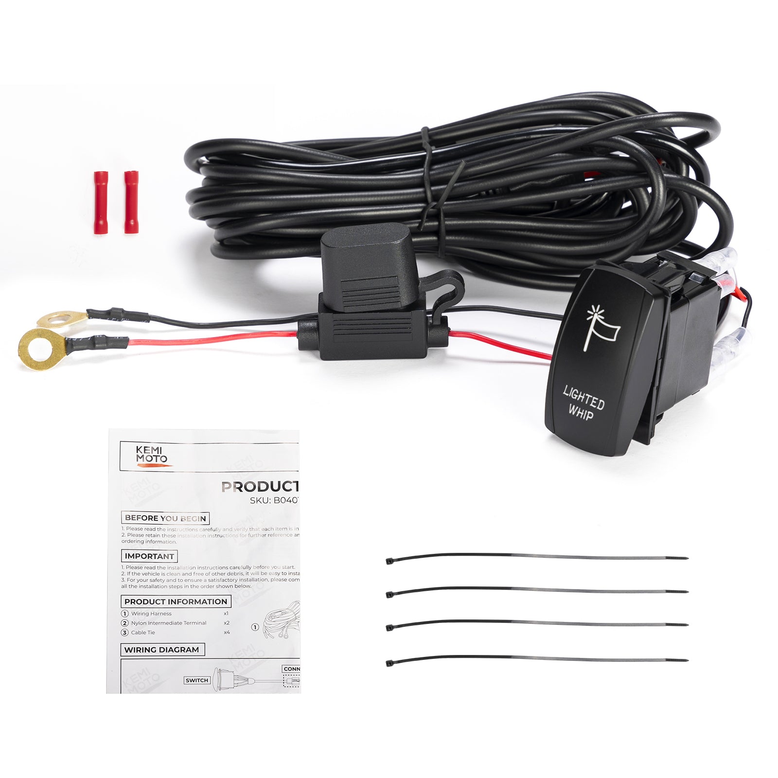 Whip Lights Rocker Switch with Wiring Harness Kit for 12V UTV ATV - Kemimoto
