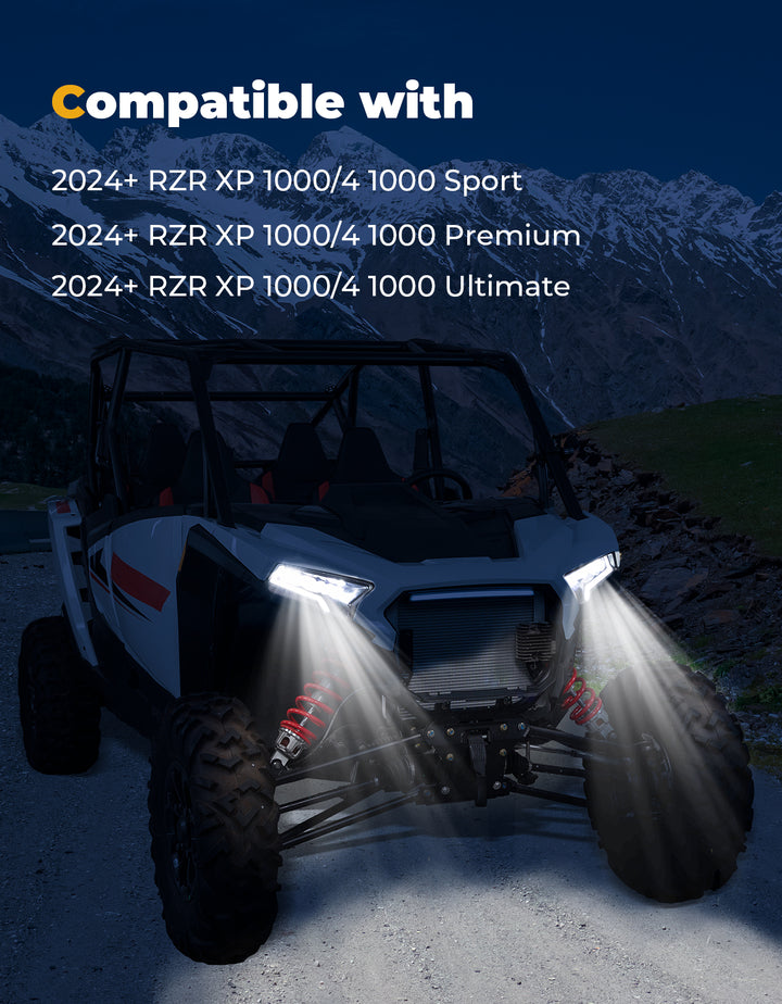 24W LED Headlight Waterproof Front Light for Polaris RZR XP 1000 / 4 1000 2024-2025 - Kemimoto
