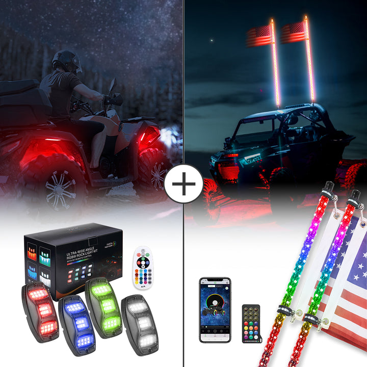 4-8 Pods RGB Rock Light Kit & Spiral Whip Lights for UTV ATV Jeep - Kemimoto