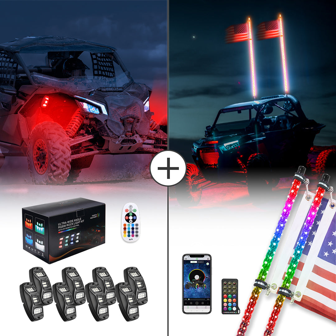 4-8 Pods RGB Rock Light Kit & Spiral Whip Lights for UTV ATV Jeep - Kemimoto