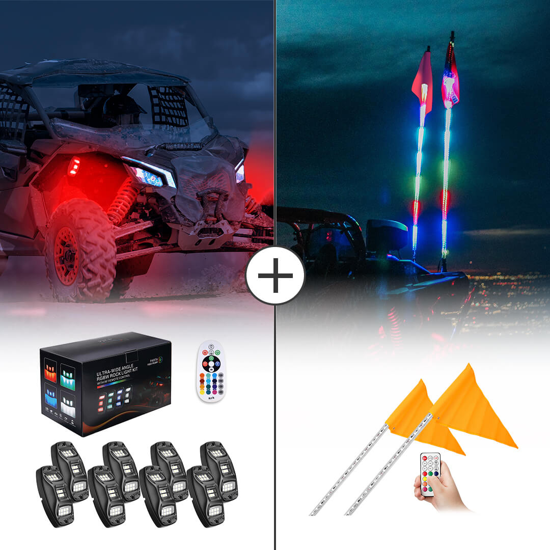 UTV 8 Pod Rock Light Kit & 5FT Whip Lights for Polaris / Can-am / Kawasaki / Honda - Kemimoto