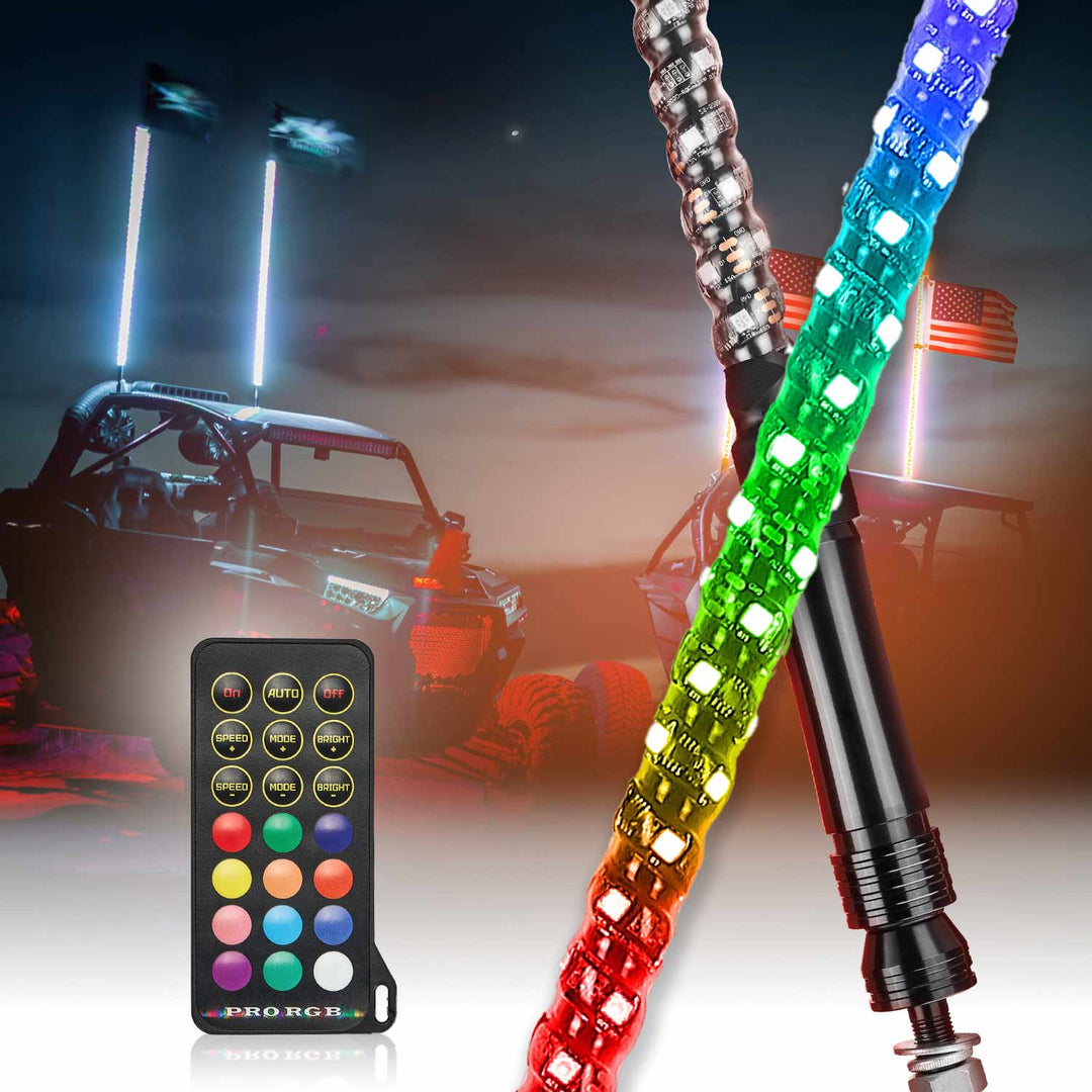 3FT Spiral Whip Light with RF Remote Control, 366 colors, 2 pcs - Kemimoto