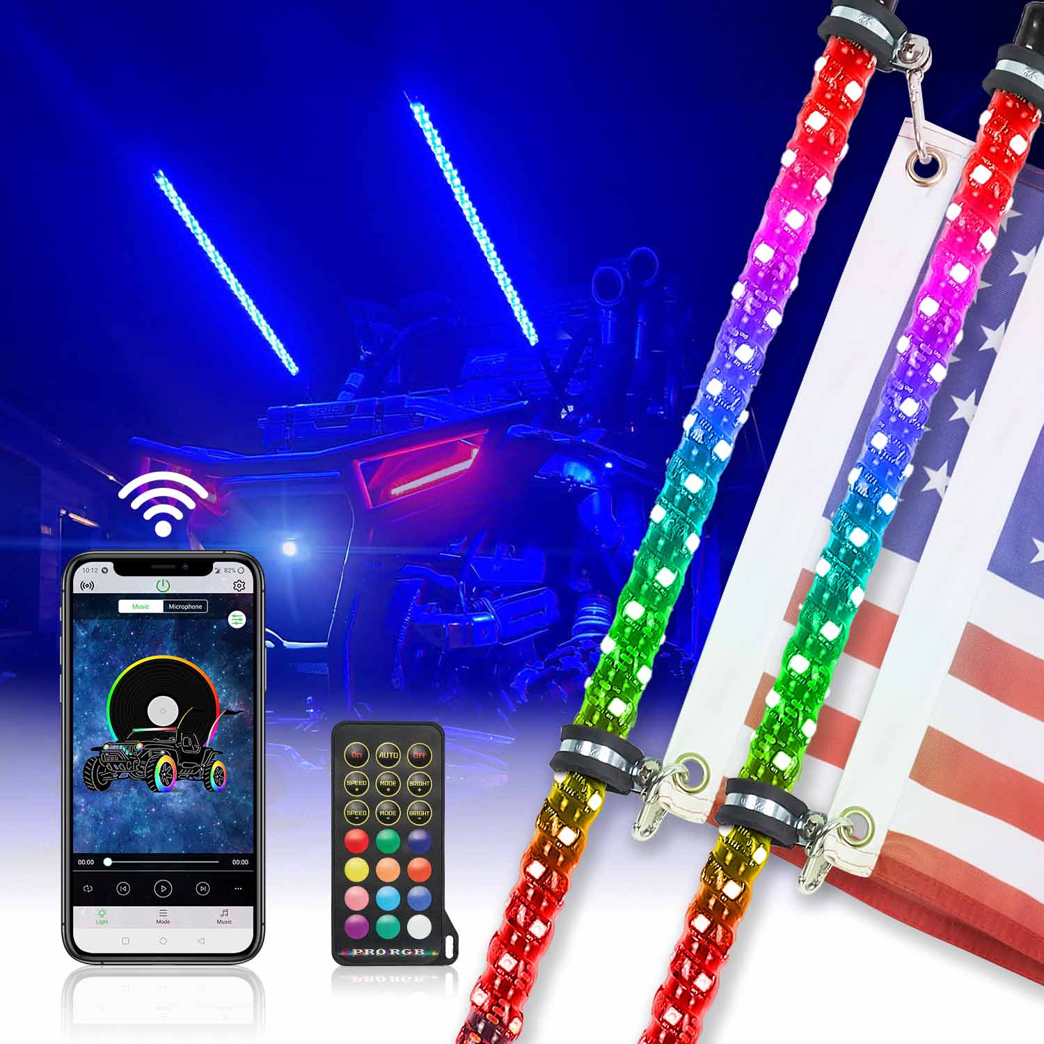 4-8 Pods RGB Rock Light Kit & Spiral Whip Lights for UTV ATV Jeep - Kemimoto