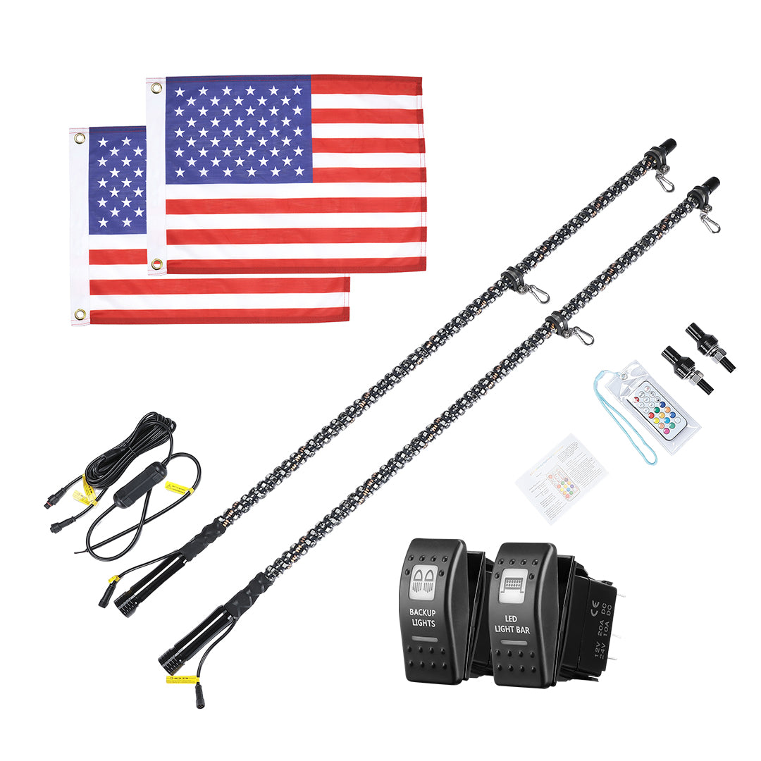 2pcs 5FT UTV Spiral Whip Light with RF Remote Control - Kemimoto