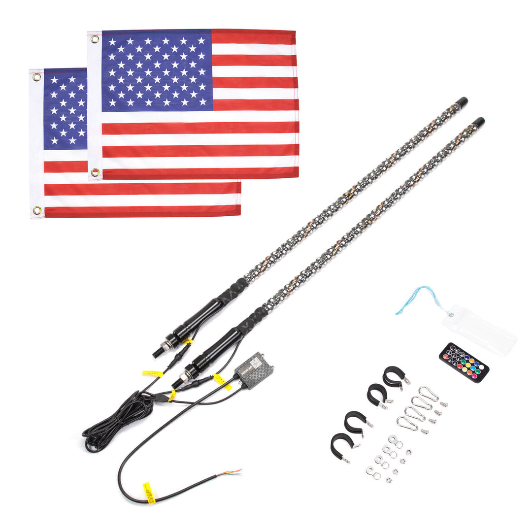 2PCS Whip Light w/RF, APP Control & Flag mount & 12V Switch On-off - Kemimoto