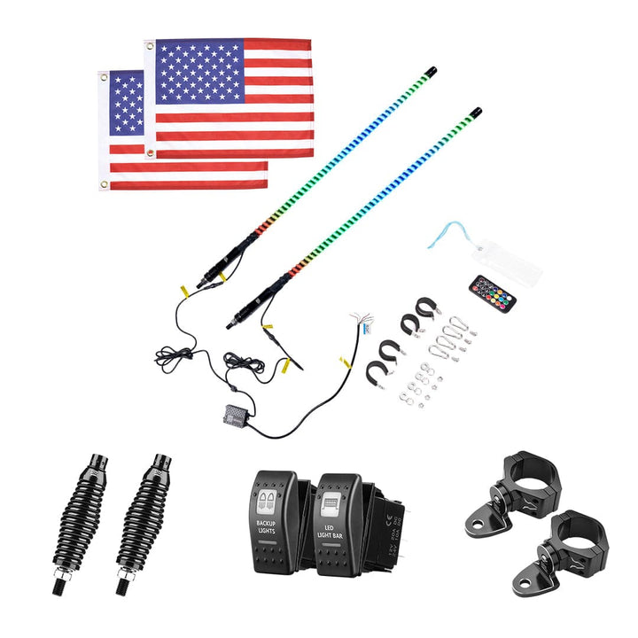 2PCS 3FT COB Whip Lights w/ App & Remote Control for UTV ATV Boats - Kemimoto