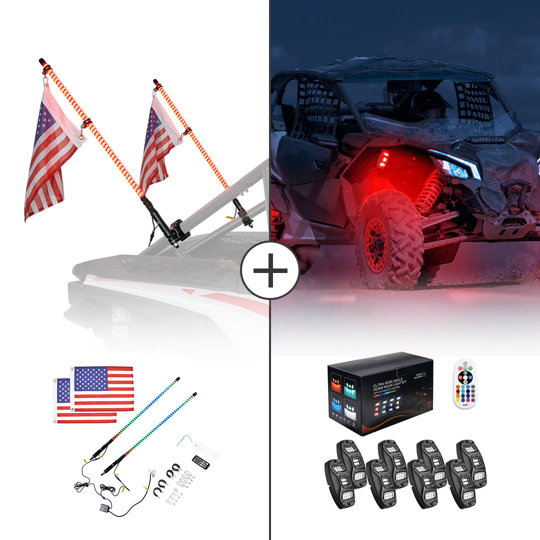 3FT COB Whip Lights & RGB Rock Light Kit for UTV ATV Jeep - Kemimoto