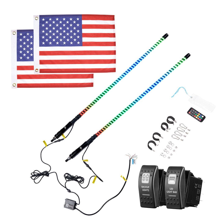 2PCS 3FT COB Whip Lights w/ App & Remote Control for UTV ATV Boats - Kemimoto