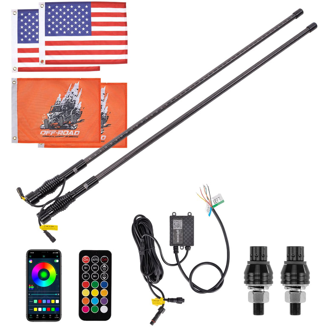 UTV LED Whip Lights 3FT (2PCS) – APP Control, Signal Sync, Spring Base – Fits Maverick X3, Polaris RZR, Talon - Kemimoto